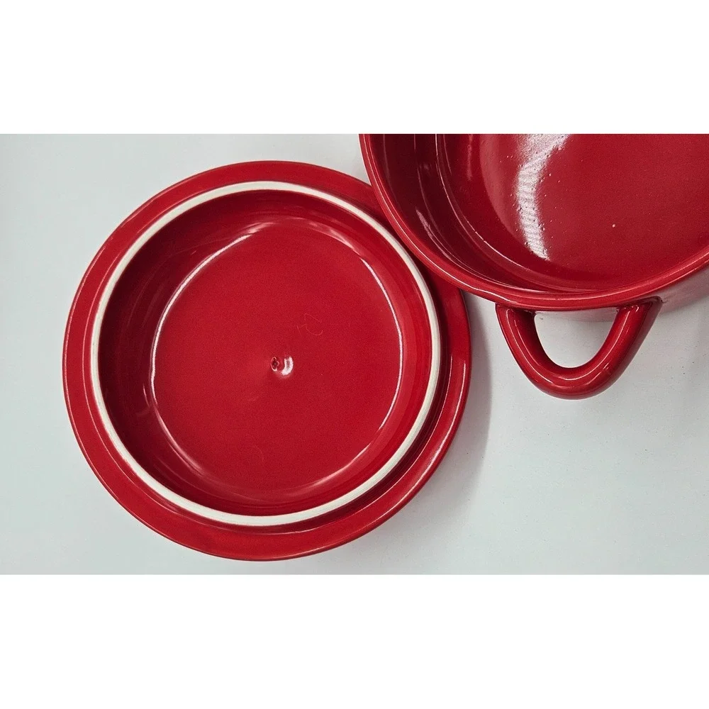 Red Ceramic Mini Cocotte with Heart Lid Knob and Bamboo Spreader Set